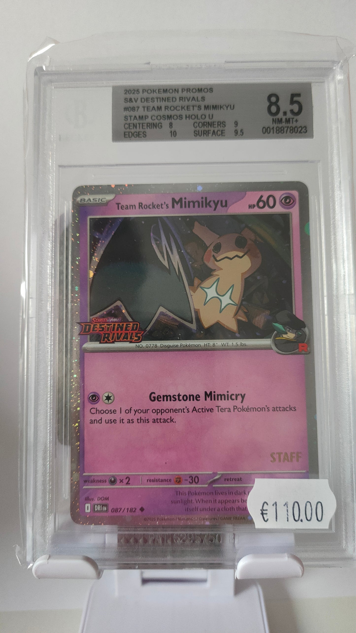 Rocket's Mimikyu STAFF Destined Rivals Promo BGS 8.5